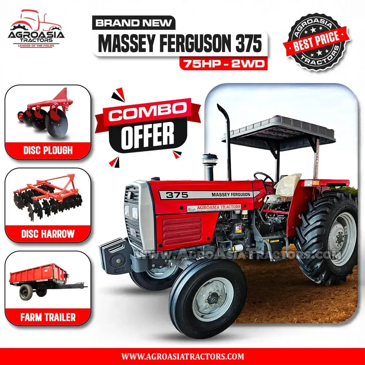 Massey Ferguson MF375 2WD tractor with implements by agroasia tractors
